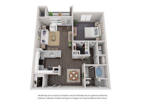 Floor plan for 1 bed, 1 bath, 869 sqft